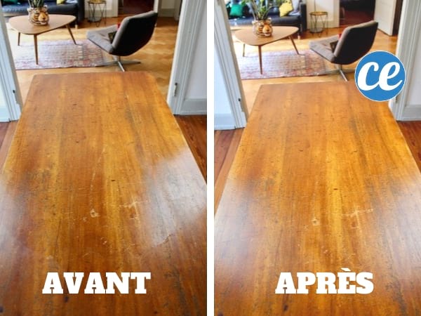 Una mesa de madera antes y después de un tratamiento de cera para madera casero.