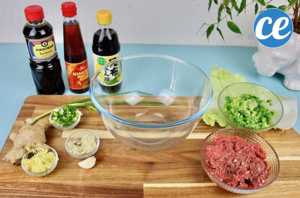 The ingredients for making the stuffing of traditional Japanese gyozas: ground pork, green cabbage, spring onion, clove of garlic, fresh grated ginger, soy sauce, sesame oil.