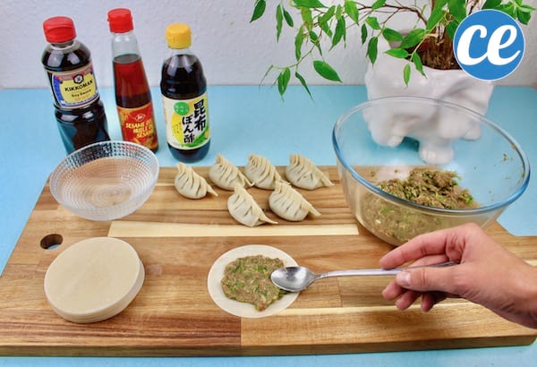 Put the stuffing in the ravioli leaves to make the traditional Japanese gyozas.