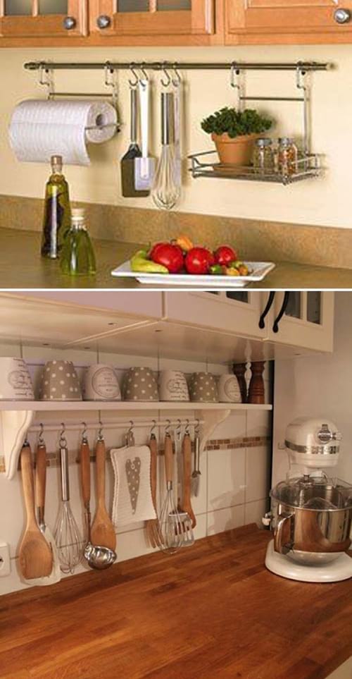 Se instalan barras de cortina en la cocina para colgar utensilios.