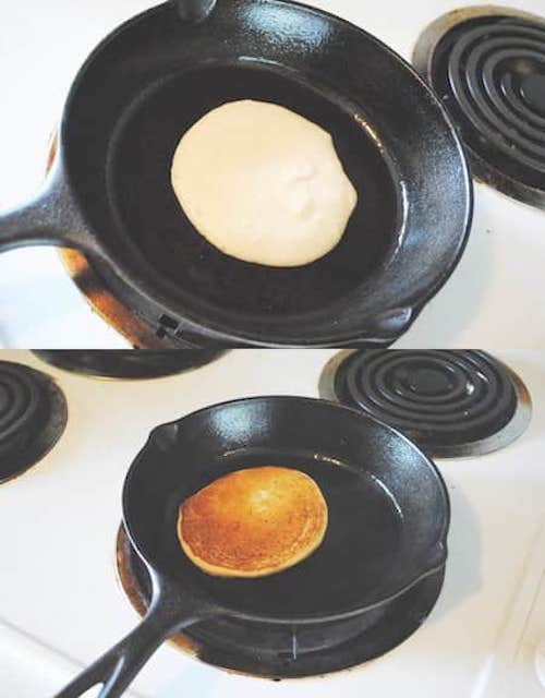Zevende stap van het eenvoudige zelfgemaakte pannenkoekenrecept, bak de pannenkoeken aan beide kanten bruin.