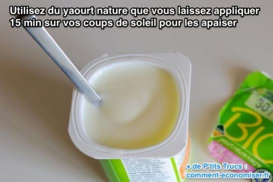 Brug almindelig yoghurt, som du lader anvende 15 minutter på dine solskoldninger for at dulme dem
