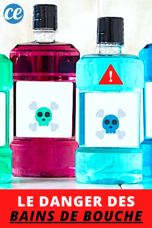 Diferentes frascos de enjuagues bucales azules, rosas, verdes que son peligrosos para la salud