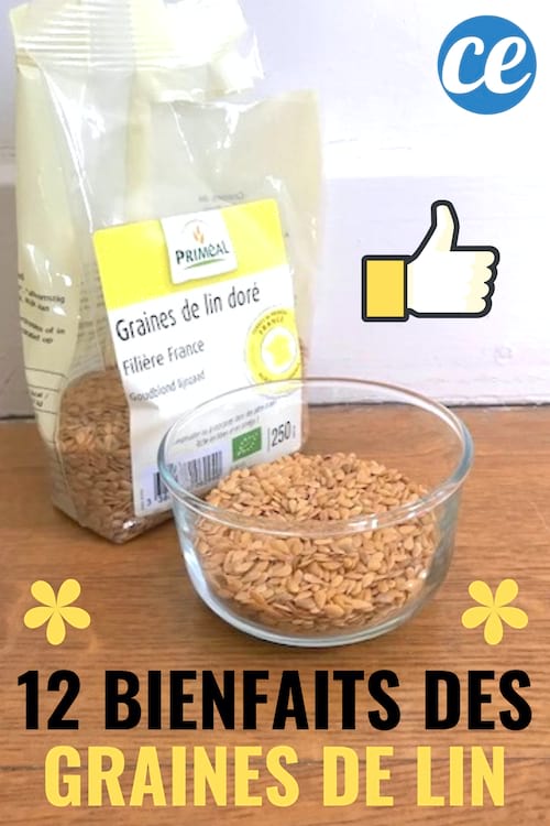 A packet and a bowl of seeds and flax placed on the parquet with a text: 12 benefits of flax seeds