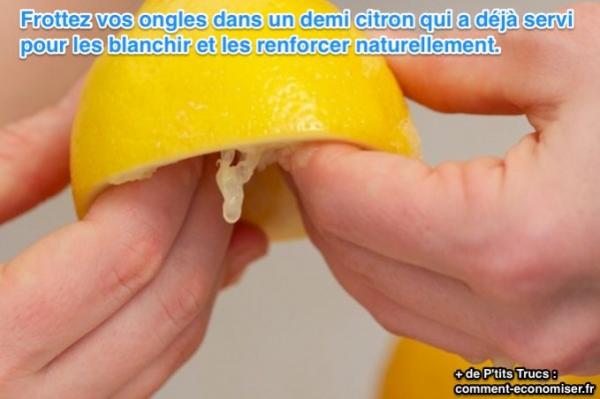 Frota tus uñas en medio limón que ya se ha utilizado para blanquearlas y fortalecerlas de forma natural.