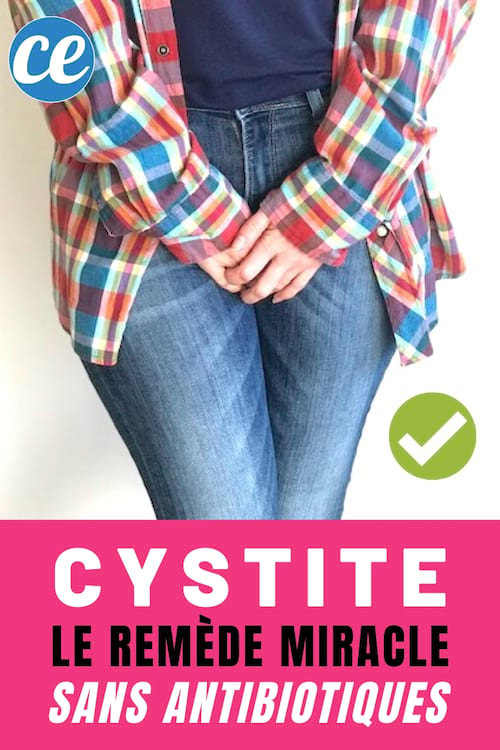 chica con jeans azules y una camisa a cuadros que tiene cistitis con un texto: CYSTITE la cura milagrosa sin antibióticos
