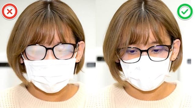 Una mujer que tiene gafas llenas de niebla a la izquierda y sin niebla a la derecha gracias a estos consejos