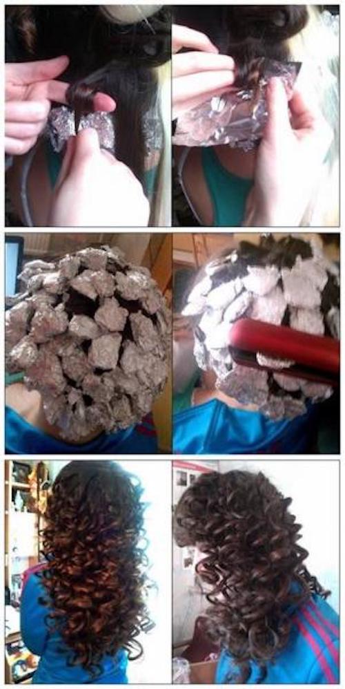 use una plancha de pelo y papel de aluminio para hacer rizos