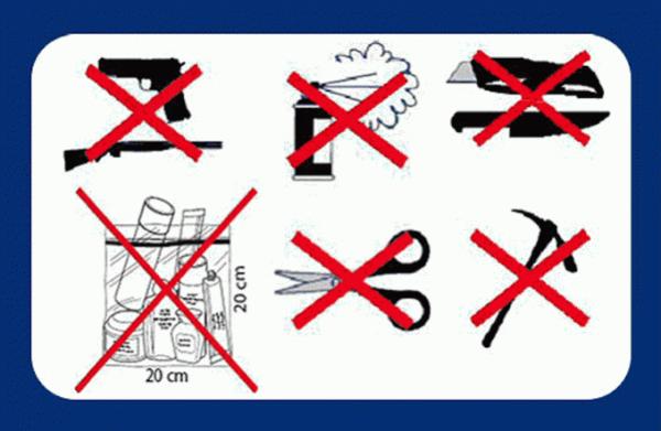 Liste over genstande, der er forbudt i håndbagagen, når du flyver.