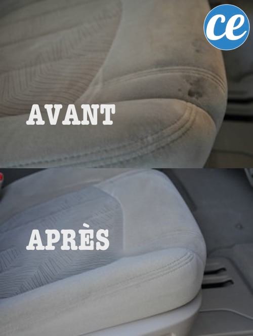 Asientos de automóvil antes y después de la limpieza con un quitamanchas casero para el interior del automóvil.