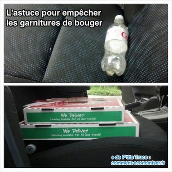 Pon una botella de refresco debajo de las pizzas para transportarlas en el carro.